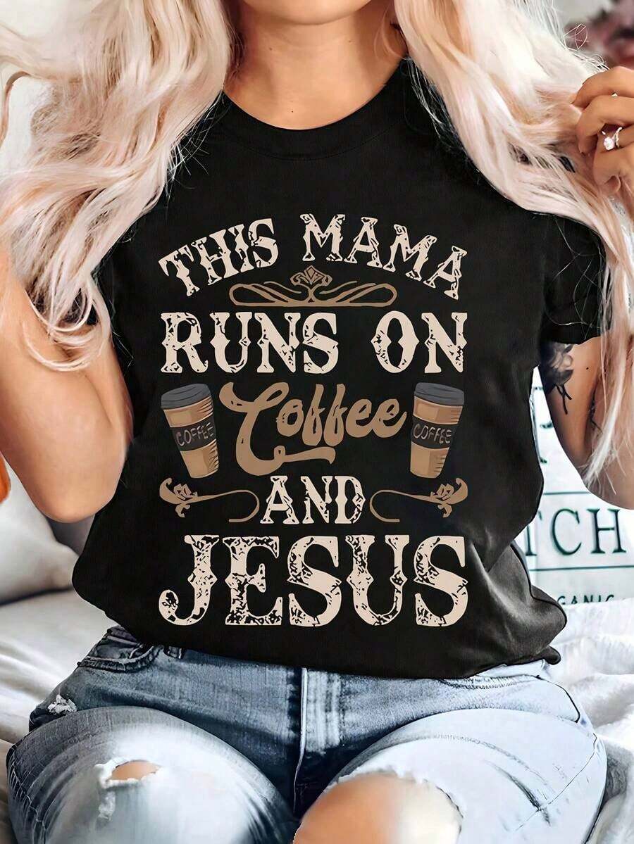 1 Piece Of Women's Short-Sleeved Summer T-Shirt With Coffee-Colored Letter Print, Fitted Design With Round Neck, 180g, 100% Cotton. - 黑色 - 查看 1