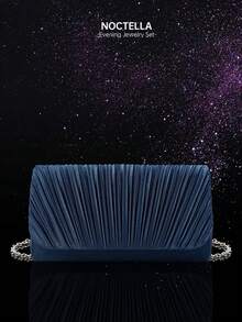 Noctella Modische plissierte Klappe Abendtasche, elegante einfarbige Satin Damen Party Tasche, neue quadratische Umhängetasche, kombiniert mit funkelndem Strass Halskette und Ohrring Schmuckset, geeignet für Party Mädchen und Damen, perfekt für Frauen, die Partys, Hochzeiten, Abschlussbälle, Abendessen/Bankette besuchen, auch ein ideales Geschenk für Frauen. - marineblau - Übersicht 2