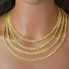 18K Gold Plated Copper Fish Scale Textured Cuban Link Chain Necklace, Fashionable Unisex Daily Wear, Couples Jewelry - Gold - View 3