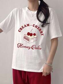 Women's Casual Summer T-Shirt With Round Neck, Short Sleeves, Letter And Cherry Print, CREAMCHERRY Brand, Honey Cake, Cute Tops, Graphic Tees, Pure-Cotton - 白色 - 查看 7