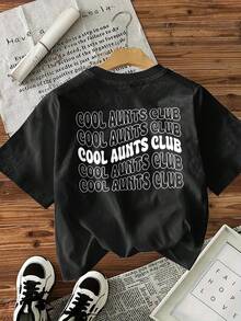 Camiseta elegante para mujer con un moderno diseño de letras "Auntie", con un estampado retro sencillo, perfecta para primavera y verano.Esta camiseta de manga corta es ideal para las vacaciones, ofreciendo un corte holgado pero ajustado para mayor versatilidad. - Negro - Ver 3