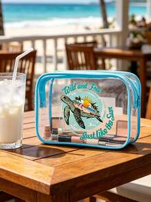 Clear Pvc Travel Toiletry Bag With Blue Trim, "Wild And Free Just Like The Sun" Sea Turtle Print Cosmetic Pouch, Makeup Organizer For Beach & Vacation, Waterproof Zipper Pouch For Toiletries, Sunscreen, And Travel Essentials, Lightweight, Durable, And Quick-Drying, Perfect For Beach Trips, Pool Days, Air Travel - Multicolor - View 6