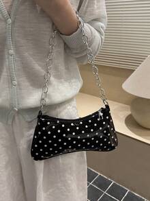 Large Chain Polka Dot Baguette Shoulder Bag - Black - View 5