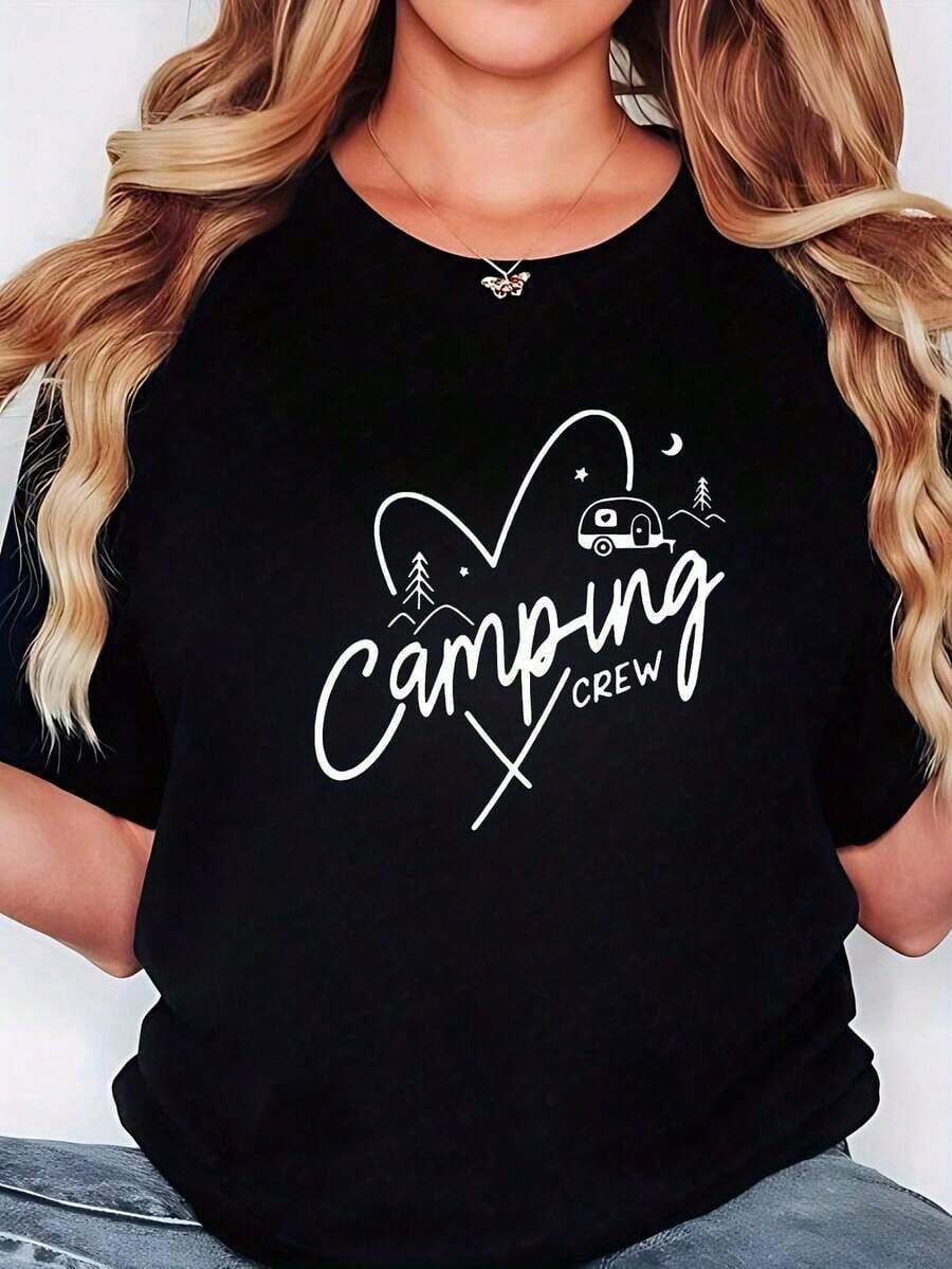 Women's Blouses - Women's Casual Oversized Crew Neck T-Shirt, Short Sleeve, Geometric Pattern, Spring/Summer Open T-Shirt With White Text "Camping Crew", RV, Tree, Moon, Star Print, Comfortable Leisure Wear, Campingeurmuse T-Shirts - 黑色 - 查看 1