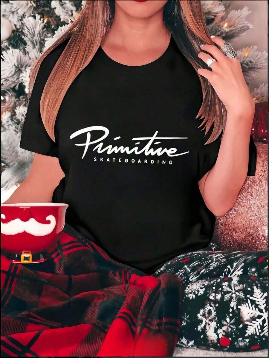 1 Piece Women's Primitive Skateboarding Graphic Tee | Casual Short Sleeve Crew Neck T-Shirt, Medium Stretch Fabric, Fashionable Top For All Seasons, Casual Daily Wear, 180g 100% Cotton - 黑色 - 查看 1