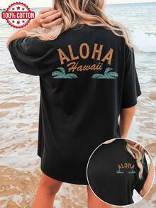 [Double-Sided Print] Women's Summer Casual T-Shirt, Vintage Style, Coconut Tree Print And The Letter AOHA Hawaii, Short Sleeve, Round Neck, Pure Cotton, Oversized Off-Shoulder T-Shirt, Elegant Party Outfit, T-Shirt For Elegant Ladies, Blouses Suitable For Curvy Women, Prom Skirts, Casual Wear - 黑色 - 查看 7