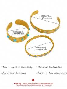 1/3 Peças Conjunto de Pulseiras Vintage de Luxo com Incrustação de Zircônia Falsa de Turquesa, Minimalista Versátil para Uso Casual, Presente para Ela - Multicolorido - Visão 10