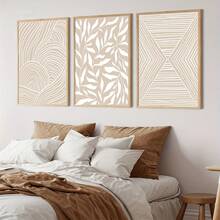 3pcs/Set Neutral Beige Abstract Plant Geometric Pattern Line Wall Art Decoration Painting, Frameless Canvas Poster, Bohemian Style Abstract Art Poster, Creative Ideal Home Gift, Suitable For Living Room, Study, Bedroom, Bathroom, Kitchen - B - View 5