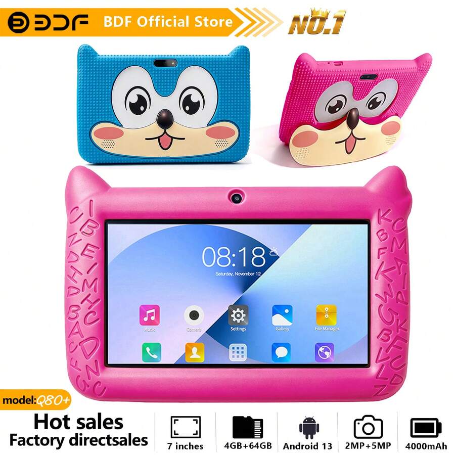 Children's Electronic Learning Toy / 4GB RAM + 64GB Storage / 7 Inch Kids Tablet / Quad-Core 1.3GHz Processor / Android 13 OS, MTK8321 Chip / 1280x800 IPS HD Screen / 2MP + 5MP Dual Camera / 4000mAh Large Capacity Battery / Supports WiFi, Parental Control And Educational Games / Made Of ABS Plastic + Silicone Material BDF Children's Educational Tablet (Includes: Packaging Box / Data Cable / User Manual / OTG Adapter / Card Reader) - 彩色 - 查看 1