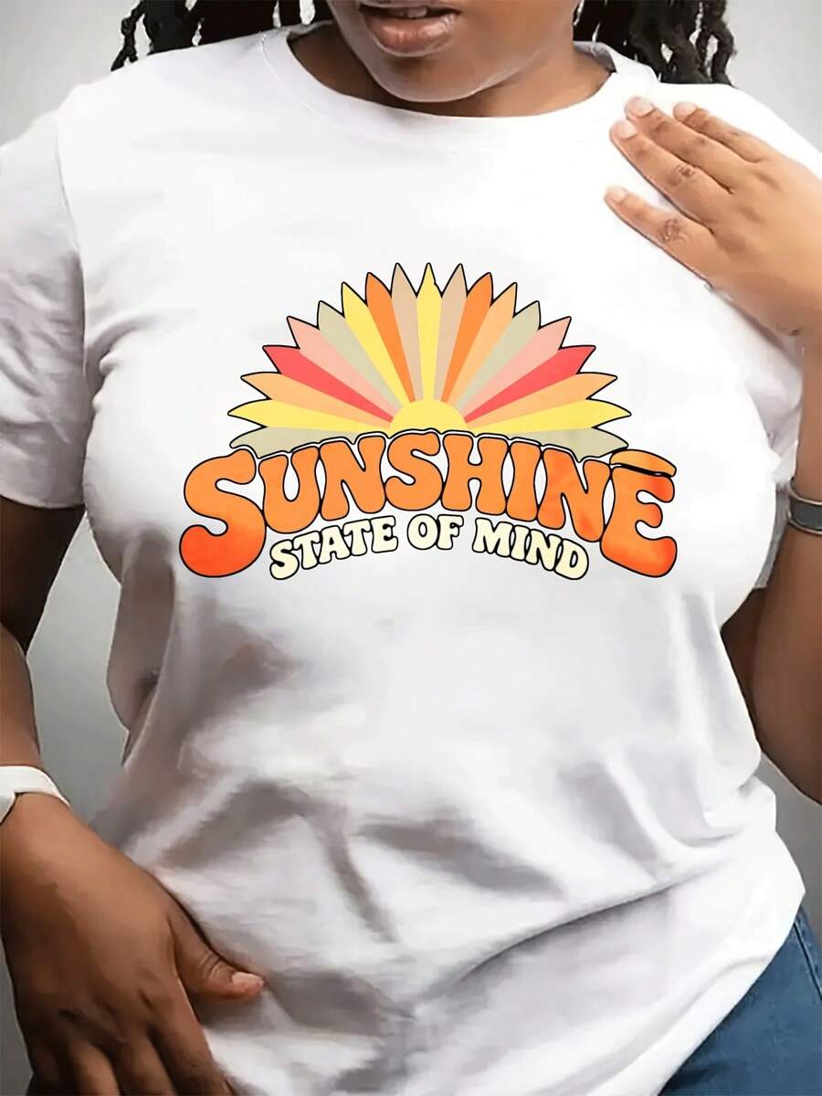 Comfortable Print.  Women's Casual T-Shirt With A Round Neck, Ideal For Mother's Day. Short Sleeves, Suitable For Everyday Wear And Sports, With A Distinctive Print That Evokes A Sunny Atmosphere. Perfect As A Gift For Friends And Family. Simple And Casual Summer T-Shirt. - 白色 - 查看 1