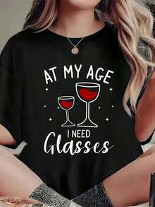 At My Age I Need Glasses, A Wine Lover's T-Shirt, And A Casual Short-Sleeved Top With A Round Neck For Summer. - 黑色 - 查看 6