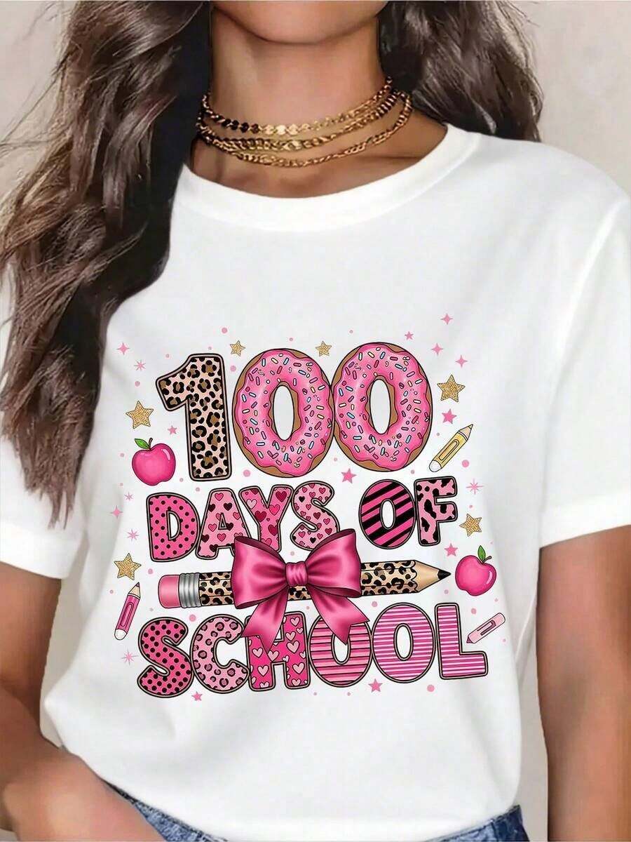 Kids' Casual T-Shirt "100 Days Of School" - Fun Pink Leopard Print Design With Bow, Pencils, And Apples - Perfect For 100th Day Celebrations, School Events, And Back To School. A Must-Have. - 白色 - 查看 1