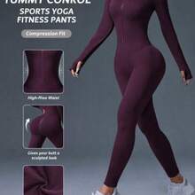 Dewbera Plain Ribbed Zipper Slim Fit Long Sleeve Jumpsuit - Morado - Ver 1