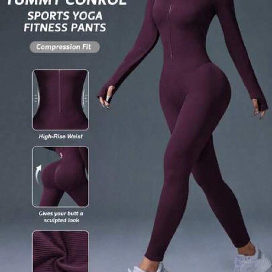 Dewbera Plain Ribbed Zipper Slim Fit Long Sleeve Jumpsuit - Morado - Ver 1