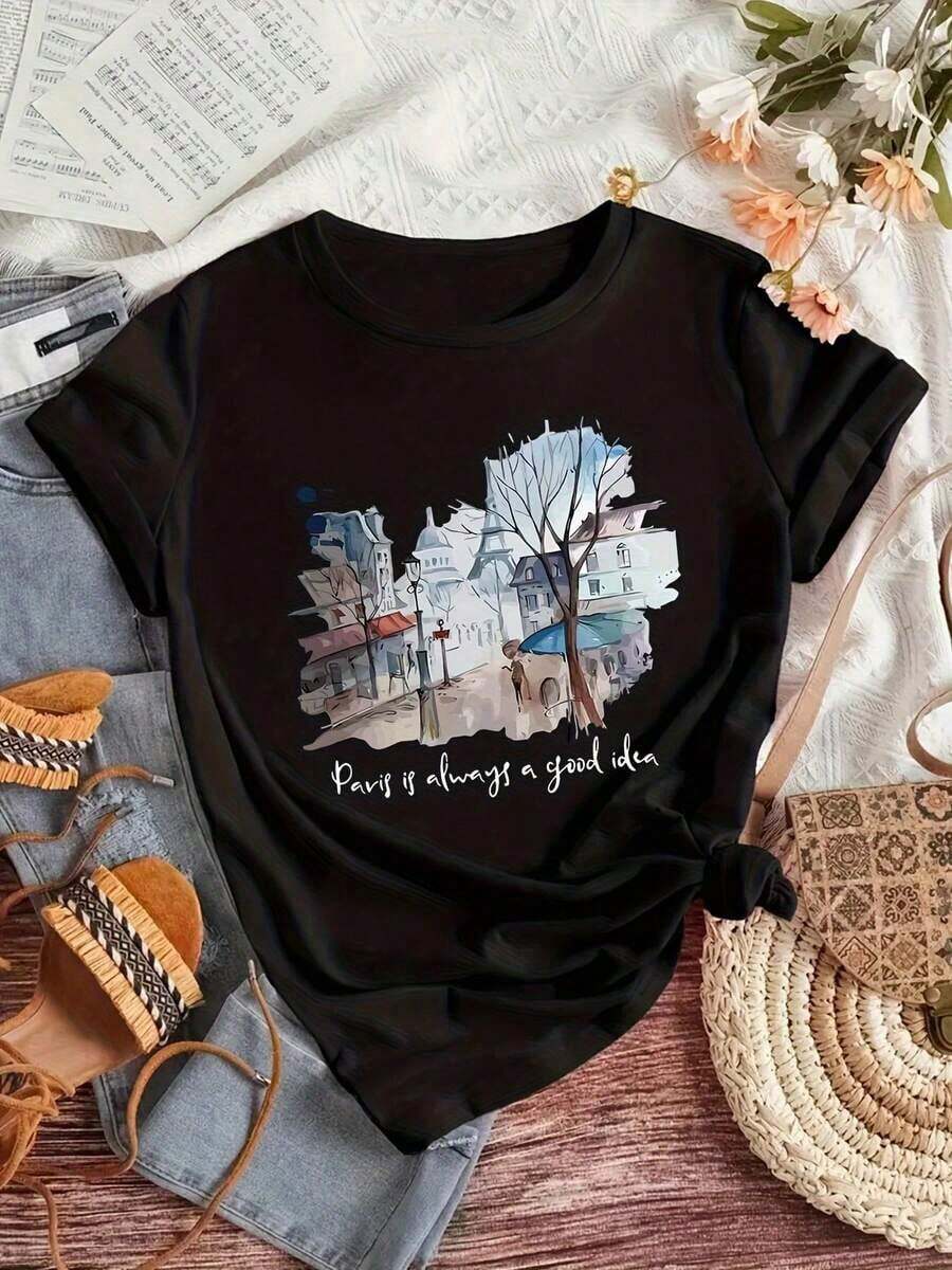 Casual T-Shirt: Women's Casual Shirt With Landscape Print: A Soft And Breathable Short-Sleeved, Crew-Neck Blouse Featuring The "Paris Is A Good Idea" Design, Perfect For Casual Outings And Outdoor Activities. Made From Breathable 180 G/M² Fabric. 100% Durable Cotton - 黑色 - 查看 1