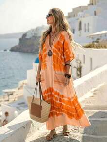 Vestido casual suelto con escote en V, estampado de teñido anudado, con bolsillos grandes, estilo bohemio de verano para vacaciones en la playa para mujeres - Rosa - Ver 9