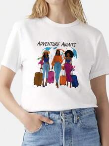 Premium Casual Women's T-Shirt. Adventure Is Calling. Travel Theme. Summer Outfit. Excellent Gift. . - Putih - View 4