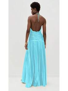 Metallic Pleated Halter Maxi Dress, Ruched Waist With Front Slit, Elegant Evening Gown For Prom & Weddings - 湖藍色 - 查看 4