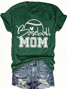 Women's 2026 World Cup T-Shirt, Casual Style With "Baseball Mom" Graphic Design - Black Crew Neck T-Shirt With Baseball And Heart Design, For All Seasons, Casual Wear | Baseball Theme | Durable, Loose And Comfortable Fabric, Printed, Women's Clothing, Summer Blouses For Women. - 綠色 - 查看 6