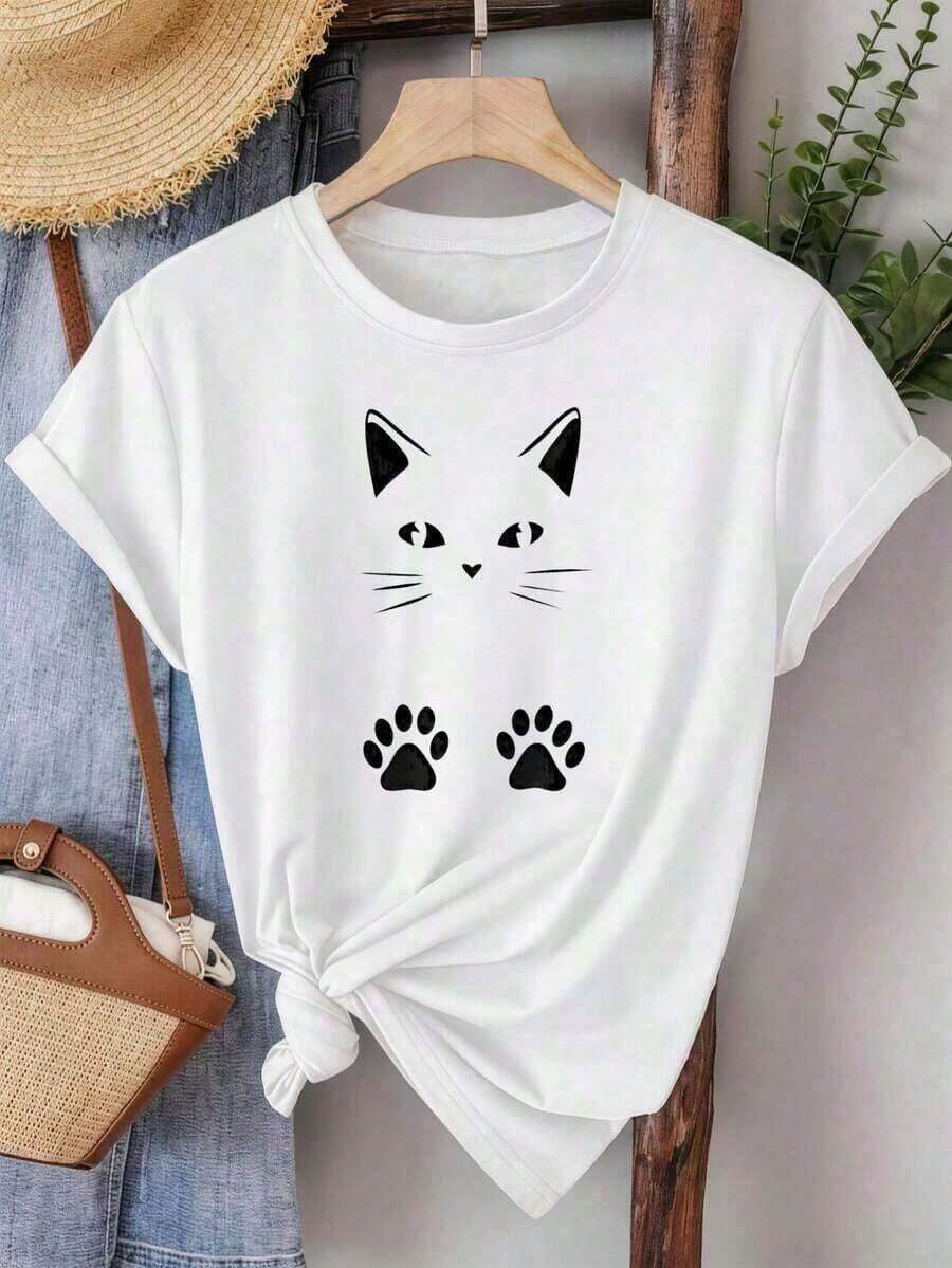 Women's Premium Summer Tops, Casual Style. Wo Summer Top. Short-Sleeved Casual T-Shirt. Cat Face And Paw Print Design. Suitable For Everyday Casual Wear. Lightweight. Wo Casual Top | Wo Summer T-Shirts Are A Must-Have For Everyday Casual Wear. A Hit. Great Gift Idea. - 白色 - 查看 1