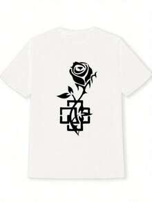 Women's Casual Short Sleeve T-Shirt - Geometric Print Of White Roses With Square And Rectangle Patterns, Loose Fit Crew Neck, Machine Washable, All Season Top - White - View 4