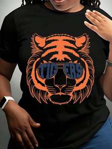 Women's Cotton T-Shirts With Tiger Face Print With Sunglasses, T-Shirt For Women And Men, College Team Spirit Clothing, Perfect For Game Day And Fan Events, Basic Women's Blouses. - 黑色 - 查看 2
