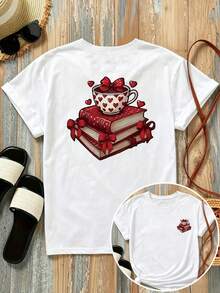 New 180g Short-Sleeved T-Shirt, 1% Cotton, With Front And Back Print - Valentine's Day, Love Coffee - Fashionable Printed T-Shirt For Women, Short-Sleeved, Suitable For All Seasons,  Clothing - Can Be Worn As A Base Layer In Spring And Autumn Or Alone In Summer, Unisex. - 白色 - 查看 1