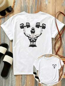 New 180g Short-Sleeved T-Shirt, 1% Cotton, With Front And Back Prints - Fitness Training, Dumbbell Weightlifting - Fashionable Printed T-Shirt For Women, Short-Sleeved, Suitable For All Seasons,  Clothing - Can Be Worn As A Base Layer In Spring And Autumn Or Alone In Summer, Unisex. - 白色 - 查看 7