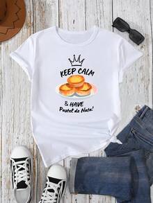 Women's Casual T-Shirt With Cream Cake Print And "Keep Calm & Have Pastries" Slogan, Round Neck, Lightweight And Breathable, Fun Design, Soft Texture, Ideal For Travel And Casual Outfits, Vacation Style, For Pastry Lovers - 白色 - 查看 1