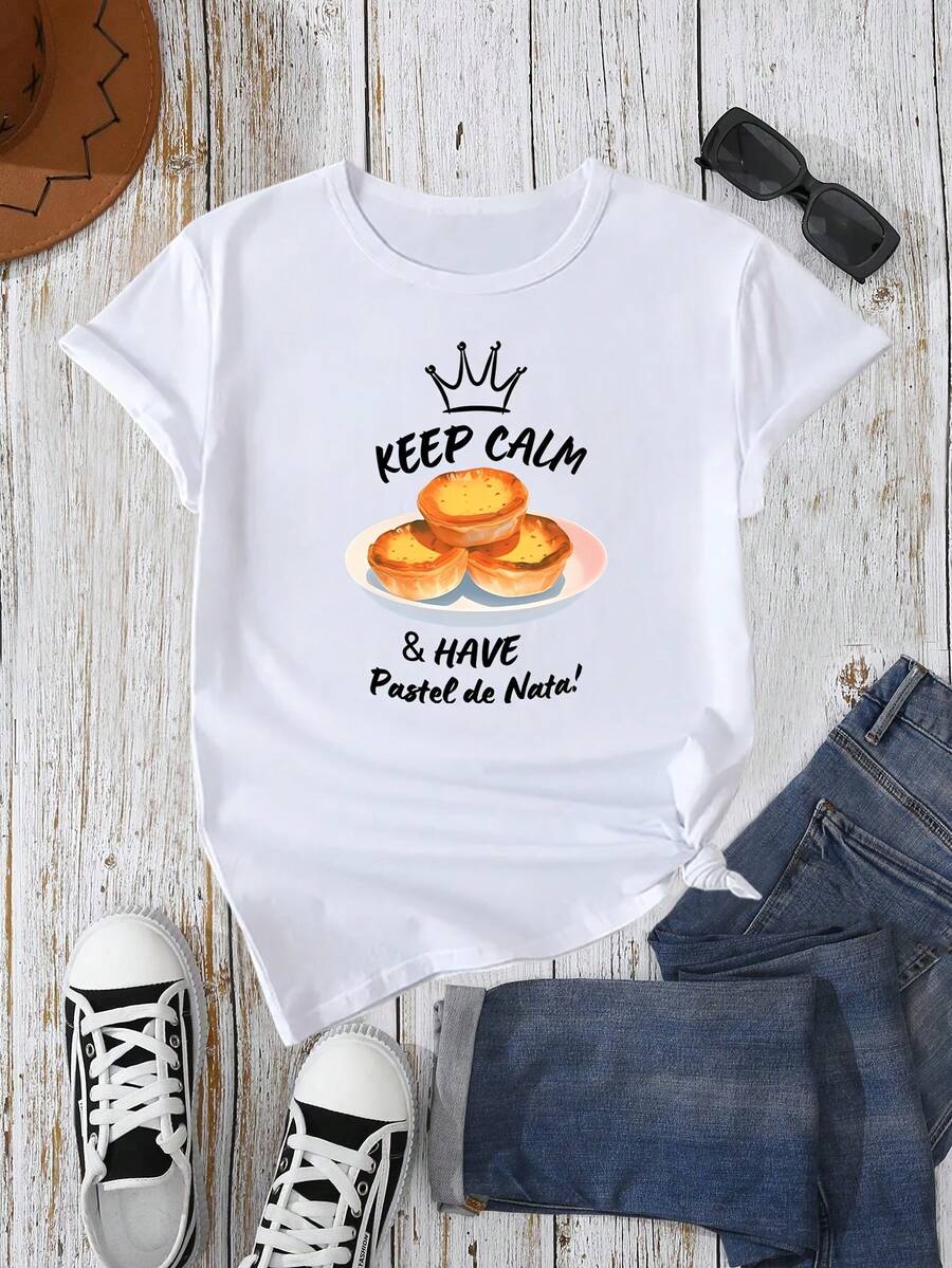 Women's Casual T-Shirt With Cream Cake Print And "Keep Calm & Have Pastries" Slogan, Round Neck, Lightweight And Breathable, Fun Design, Soft Texture, Ideal For Travel And Casual Outfits, Vacation Style, For Pastry Lovers - 白色 - 查看 1