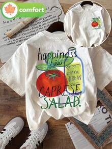 Women's Italian Kitchen Themed Short Sleeve T-Shirt, 100% Cotton, Loose Fit, Tomato Salad Print On Front And Back, Breathable Daily Top With Letter Pattern, Summer Beach Short Sleeve T-Shirt For Adult Women, Breathable Fabric, Perfect For Back To School Season, Suitable For Outdoor Activities, Ideal Gift. - 白色 - 查看 8