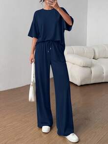 Women's Summer Clothes 2 Piece Sets Lounge For Short Sleeve Matching Airport Travel Outfits Casual Navy Blue Vacation Summer Brunch Outfits For Women Mothers Day Outfit - 藏蓝色 - 查看 5