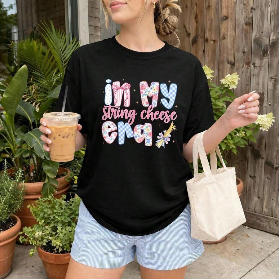 Women's Cotton T-Shirts, N My String Cheese Era Graphic T-Shirt For Women - Short Sleeve Crew Neck Printed T-Shirt, Casual, Lightweight, Comfortable And Stylish, For Everyday Wear, Basic Summer T-Shirt For Women. - 黑色 - 查看 1