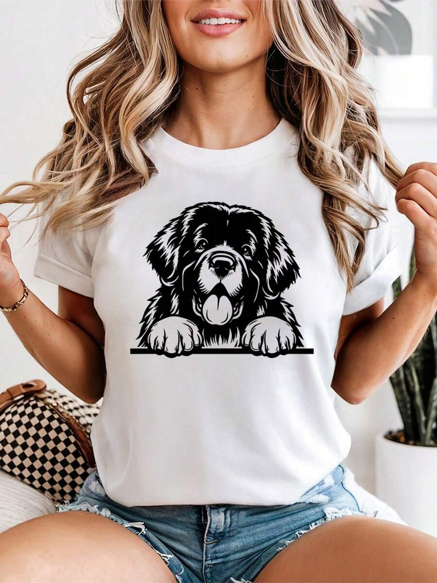 Women's T-Shirt With Newfoundland Dog Graphic, Cute Dog Looking Design, Gift T-Shirt For Dog Lovers - 白色 - 查看 1