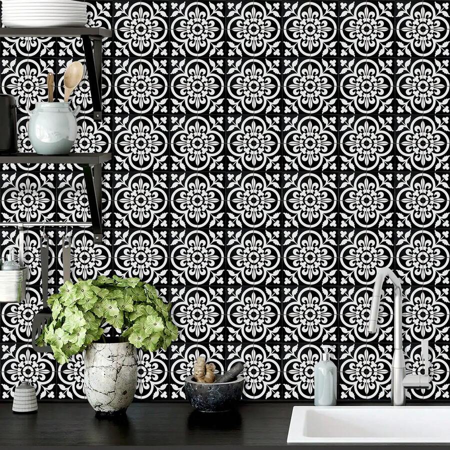 10pcs Decorative Vinyl Floor Stickers, Home Decor Wall Stickers, Black & White Floral Pattern, Self-Adhesive Waterproof Removable, Suitable For Kitchen, Bathroom, Toilet Walls And Floors - 10Pcs - View 1