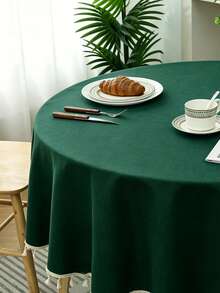 1pc Plain Round Polyester Tassel Tablecloth, Suitable For Wedding, Birthday Party, Outdoor, Study Room - Dark Green - View 3