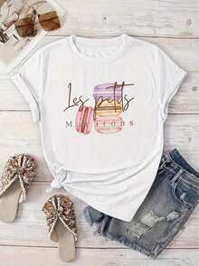 PremiumLoose-Fitting Plus-Size Wo's Summer Clothing, T-Shirt With Macaron Pattern, Suitable For Casual Outings And Afternoon Tea Time, Elegant Wo's Wear, Style: Round-Neck Short-Sleeve, Loose Fit, A Gift For Yourself/Family/Lover/Friends, Cotton TopGift Idea - 白色 - 查看 7
