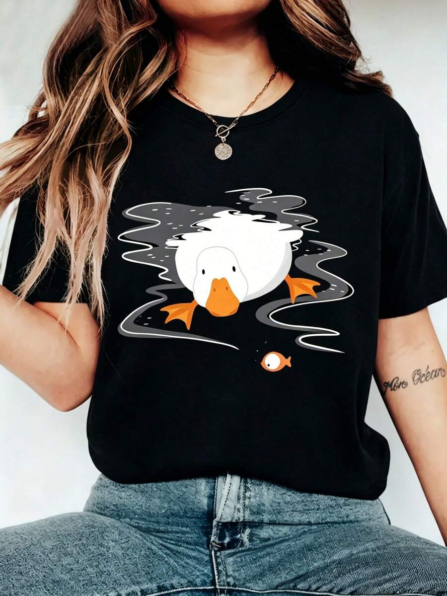 Women's Summer Clothes, Reversible T-Shirt With Swimming Ducks Print, Round Neck And Short Sleeves, Comfortable, Soft, Modern, Elegant, Ideal For Parties, Versatile Casual Vintage Style, Spring, Summer, Autumn And Winter Athletic Style Top Available In Sizes S-XXL - 黑色 - 查看 1
