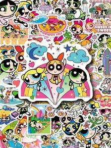 THE POWERPUFF GIRLS 50张Y2K贴纸套装，经典动漫乙烯基贴纸，怀旧美学装饰贴纸，非常适合日常装饰、手工DIY、派对礼品和个人物品装饰 - 彩色 - 查看 1