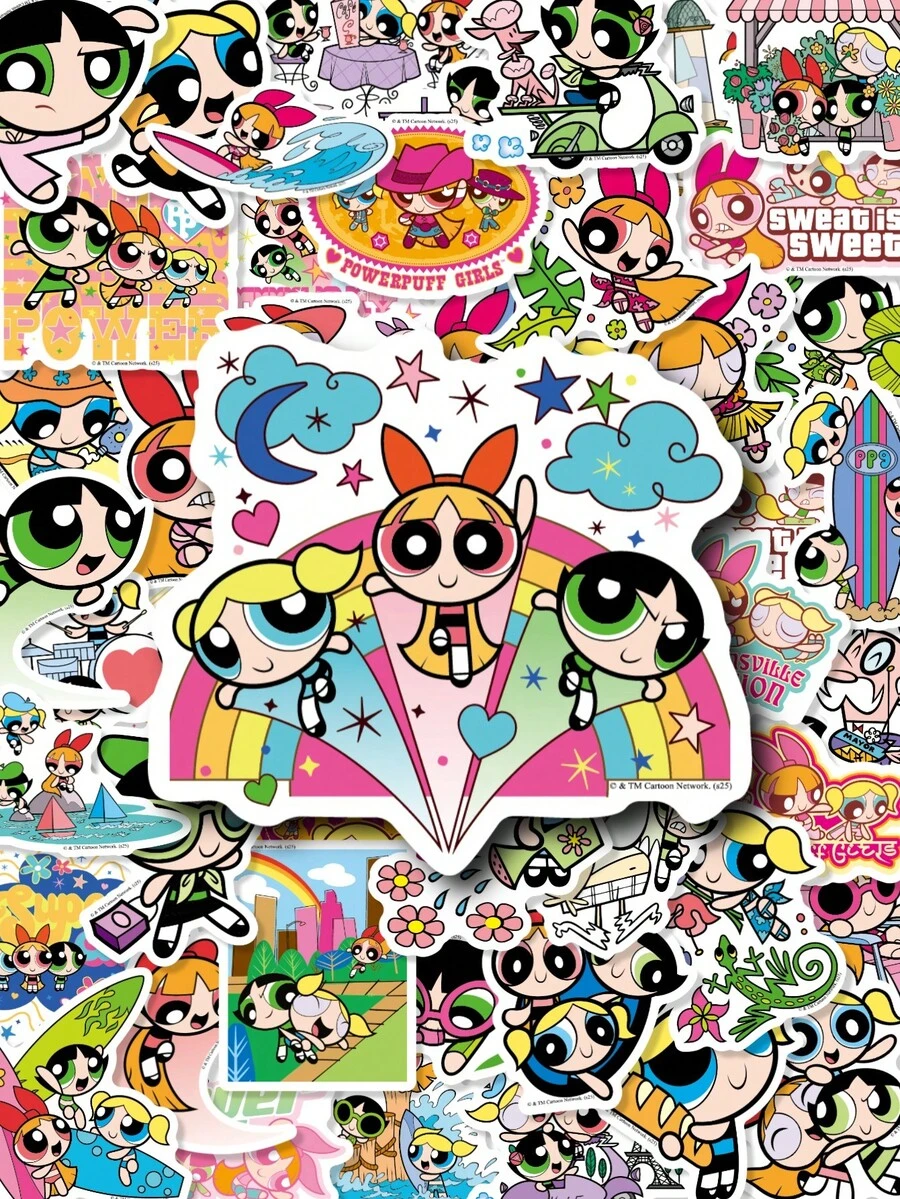 THE POWERPUFF GIRLS 50张Y2K贴纸套装，经典动漫乙烯基贴纸，怀旧美学装饰贴纸，非常适合日常装饰、手工DIY、派对礼品和个人物品装饰 - 彩色 - 查看 1