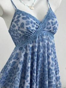 Top de mujer con estampado de leopardo y dobladillo asimétrico con encaje - Azul 2 - Ver 4