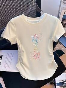 Artistic Floral Print - Y2K Style - Women's Casual T-Shirt, Elegant, Sporty, Small Size, Slim Fit, Solid Color, With Detailed Pleats At The Waist, Round Neck, Short Sleeve, Suitable For Four Seasons. - 黑色 - 查看 8