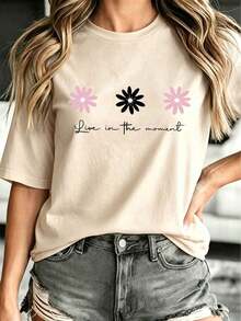Camiseta de Verano de Alta Gama para Mujer, Estampada, Casual, Negra, con Hombros Caídos, Bonito Estampado Floral y el Eslógan 'Live in the Moment', Manga Corta, Cuello Redondo, Tejido de Punto para Conjuntos de Primavera, Tejido de Elasticidad Media, Largo Regular - Albaricoque - Ver 12