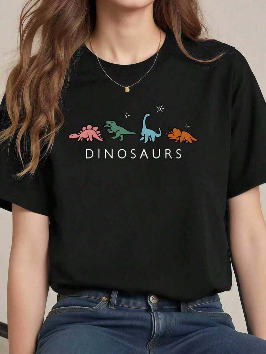 Fashion Printed T-Shirts For Women, Oversized Streetwear Tops, Comfortable And Stylish All-Match Summer Tees. Dinosaur Print T-Shirt, 220g Cotton, Casual Summer Crew Neck Short Sleeve T-Shirt (1 Unit) - 黑色 - 查看 1