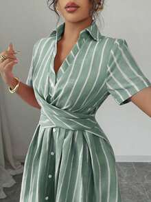 Women's Summer Shirt Dress, V-Neck, Raglan Sleeves, Crossover Waist Tie, Pink Stripes - Grey - View 5