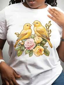 Plus Size - Plus Size - Women's Fashion Casual Crew Neck T-Shirt, Mother's Day | Short Sleeves, Slightly Stretchy Fabric, Unique Bird And Rose Print, Suitable For Everyday Wear And As A Gift For Friends And Family, Plus Size. - 白色 - 查看 6
