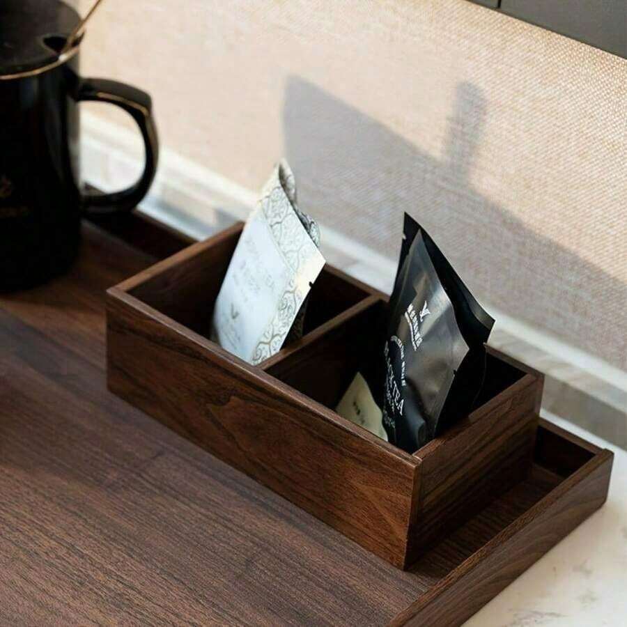 1 Pieza Caja de Almacenamiento de Bolsas de Té de Madera con 2 Estuches de Exhibición Multifuncionales de Madera Maciza, Perfecta para la Organización de Bolsas de Té, Azúcar, Especias & Artículos Esenciales de Cocina en la Mesa, Solución Elegante de Decoración del Hogar - Multicolor - Ver 1