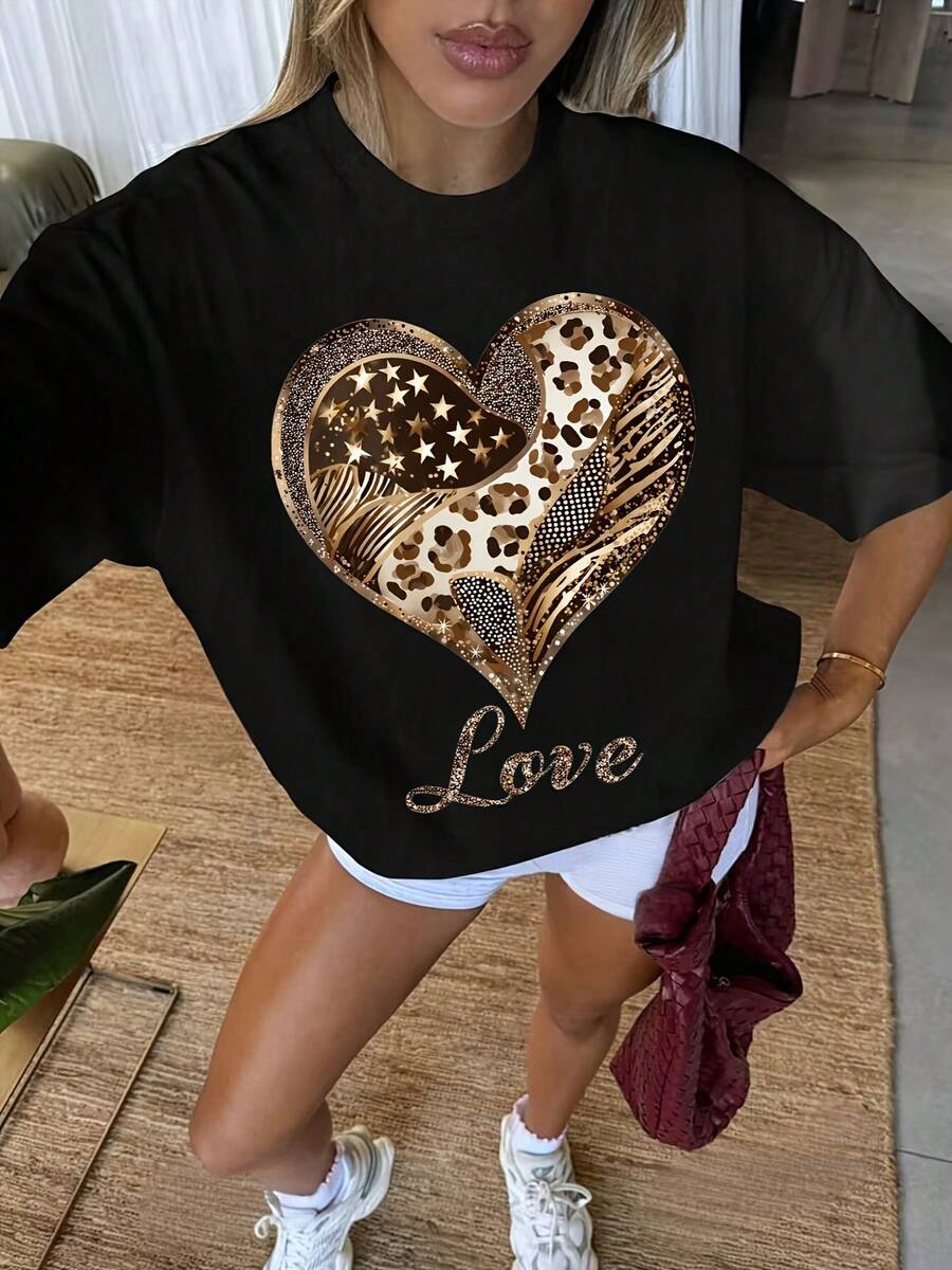 Women's Casual Sports T-Shirt In Black With Gold Heart Print And Love Text - Elastic Round Neck T-Shirt, Machine Washable, Comfortable Fit And Perfect For All Seasons, For Daily Use And Casual Activities. - 黑色 - 查看 1