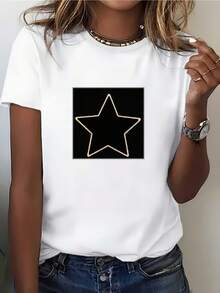 Women's Casual Sports T-Shirt - White Round Neck Elastic T-Shirt With Black Star, Machine Washable, Comfortable Fit For All Seasons, For Leisure And Daily Style, Model With Tan Skin. - 白色 - 查看 7