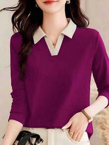 Camiseta de manga larga con cuello de polo para mujer, prenda exterior de moda, jersey informal de primavera, 2025 Nuevo otoño - Morado - Ver 2